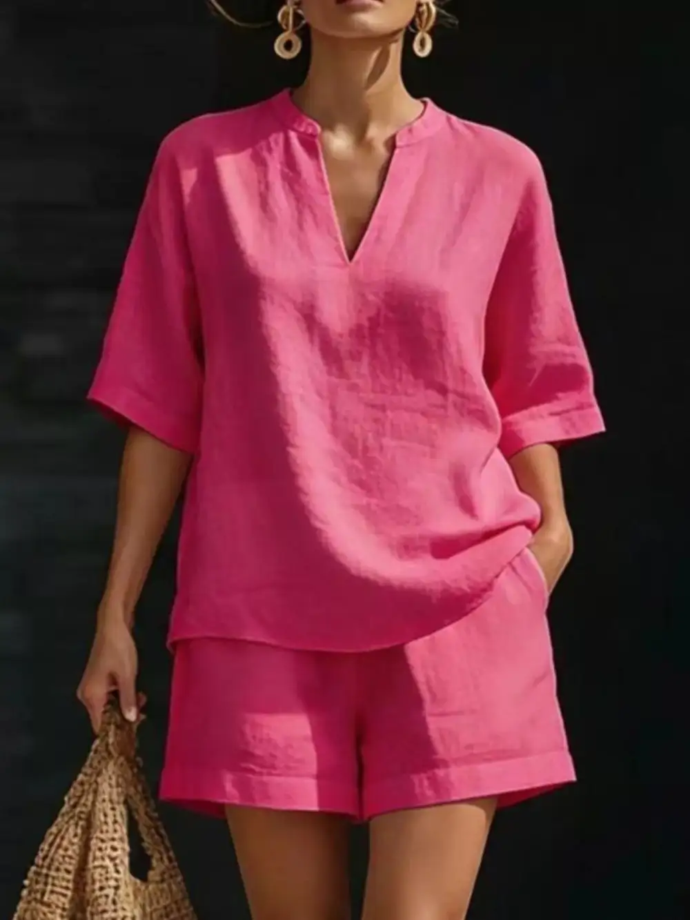 Notched Half Sleeve Top Shorts Set Plus