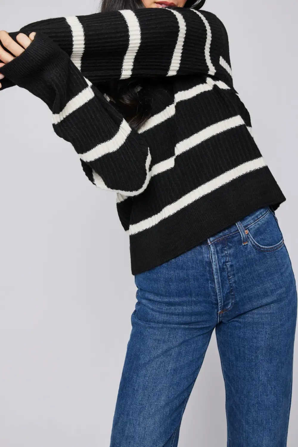 Striped Ribbed Collared V Neck Sweater