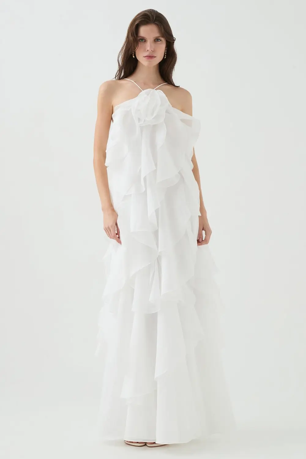 3D Flower Halter Neck Frill Maxi Dress