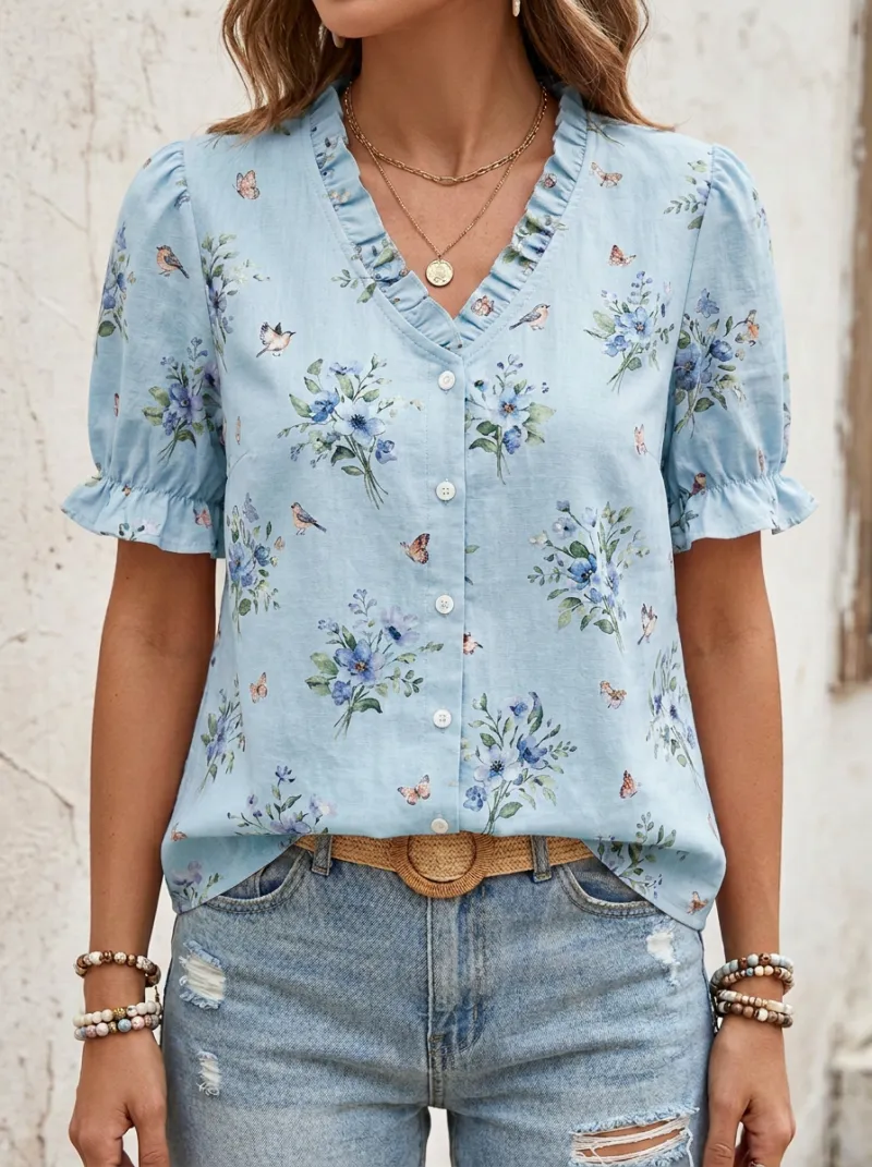 Bird Butterfly V-Neck Women's Loose Printed Blouse