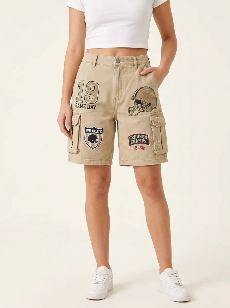 Women's Football Lover Wildcats Gridiron Printed Cargo Shorts