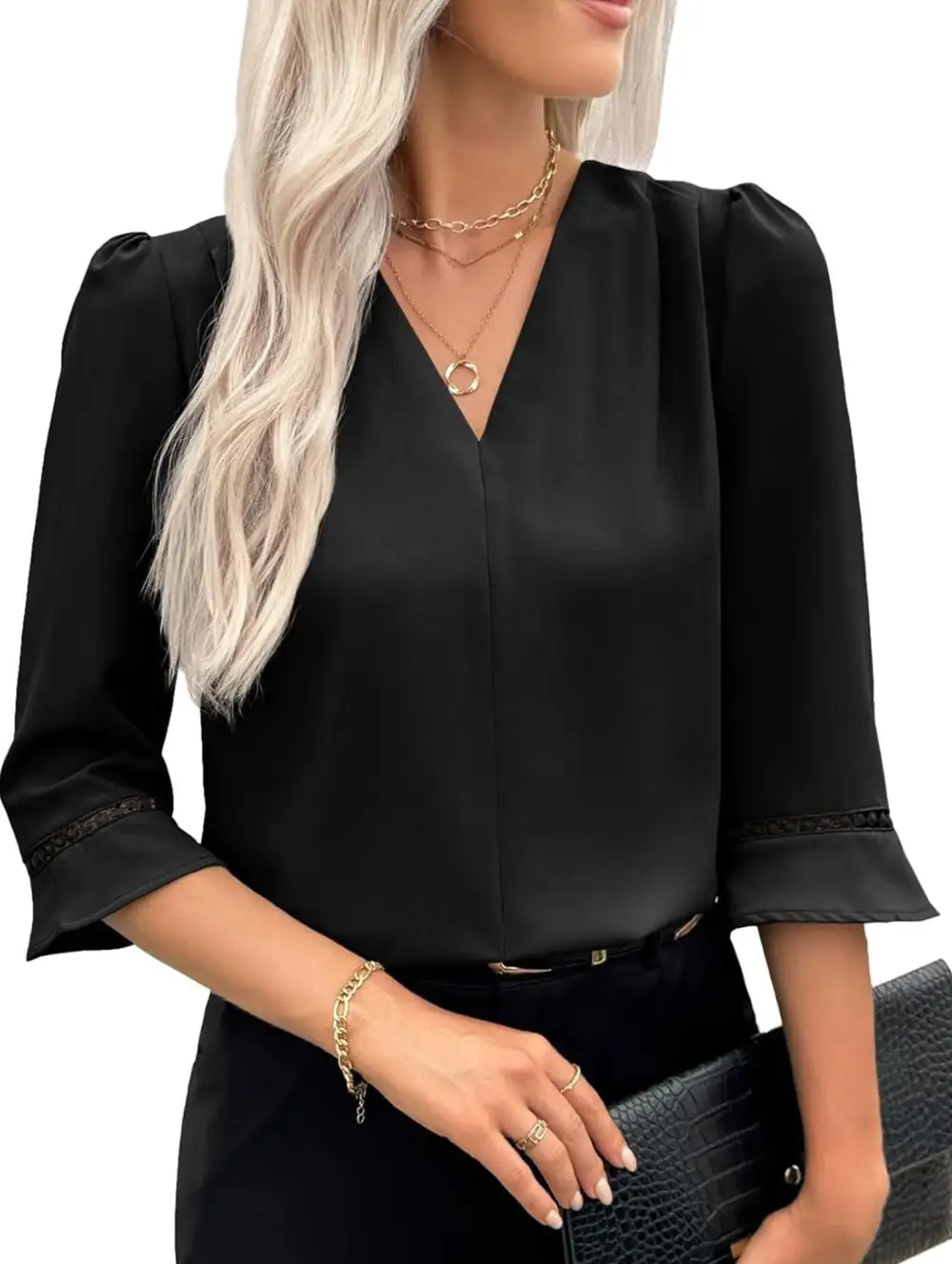 V Neck Office Three Quarter Sleeve Blouse