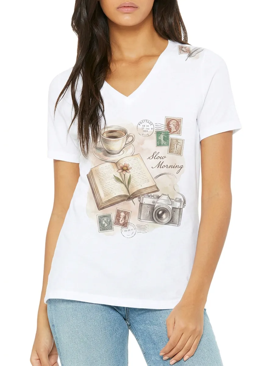 Women's Book Coffee Camera Lover Slow Morning Printed V-neck T-shirt