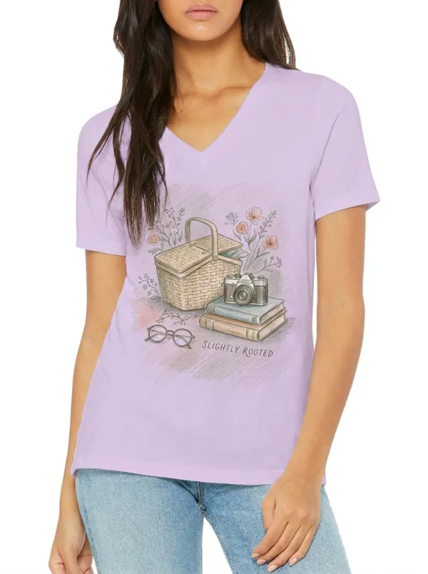 Women's Nature Lover Picnic Camera Books Printed V-Neck T-Shirt