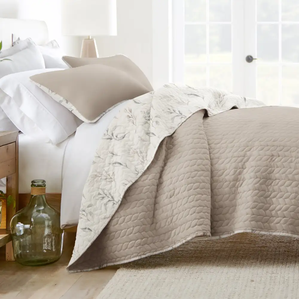 Watercolor Leaves Reversible Quilted Coverlet Set