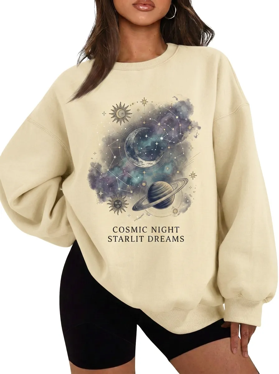 Women's Celestial Space Lover Moon Planet Printed T-shirt