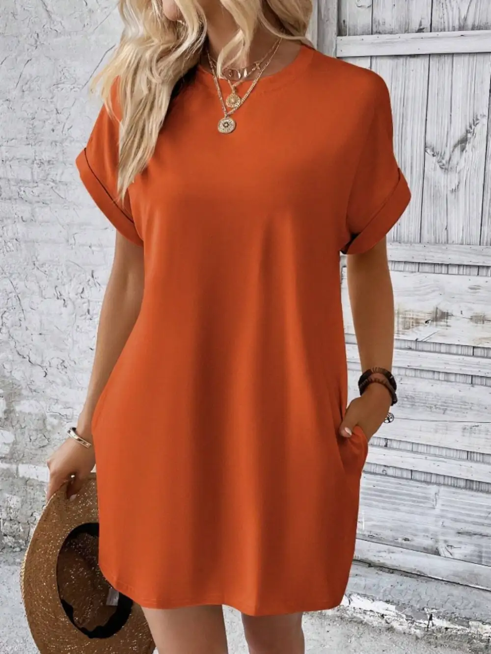 Round-Neck Short-Sleeve Cotton Casual Dress