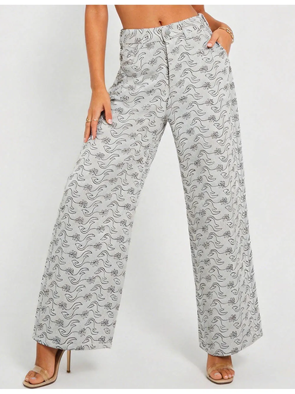 Abstract Jacquard Button Waist Wide Leg Denim Pants