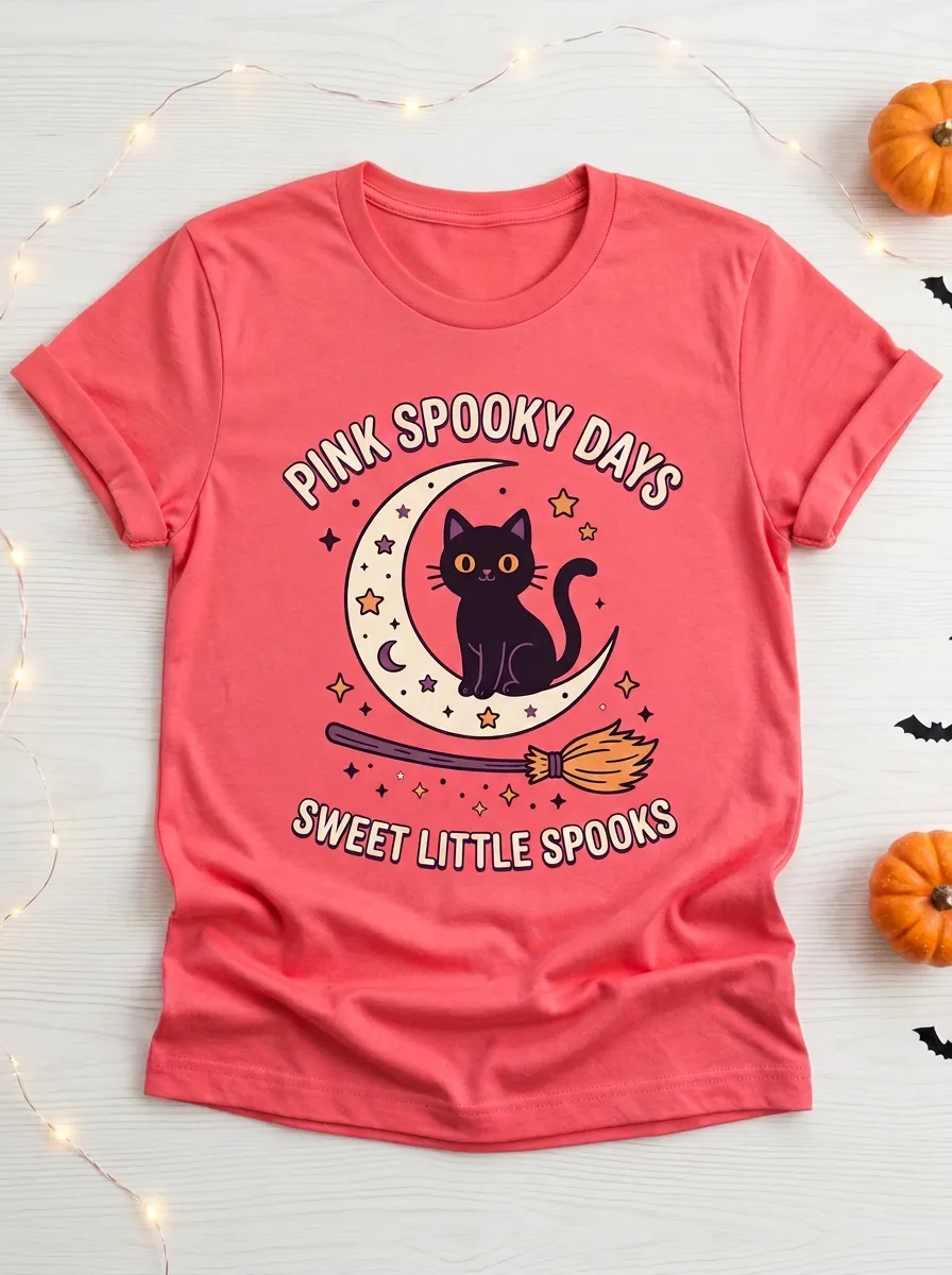 Cat Moon Broom Halloween Graphic T-Shirt