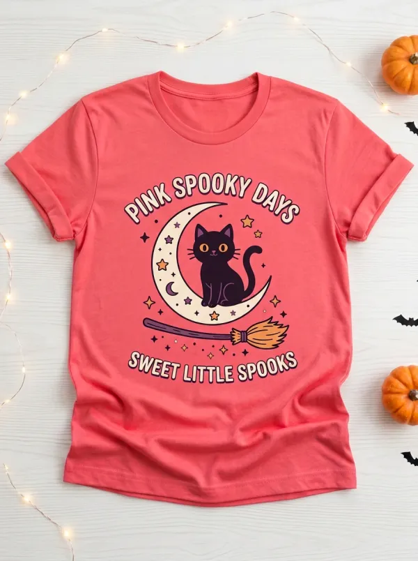 Cat Moon Broom Halloween Graphic T-Shirt