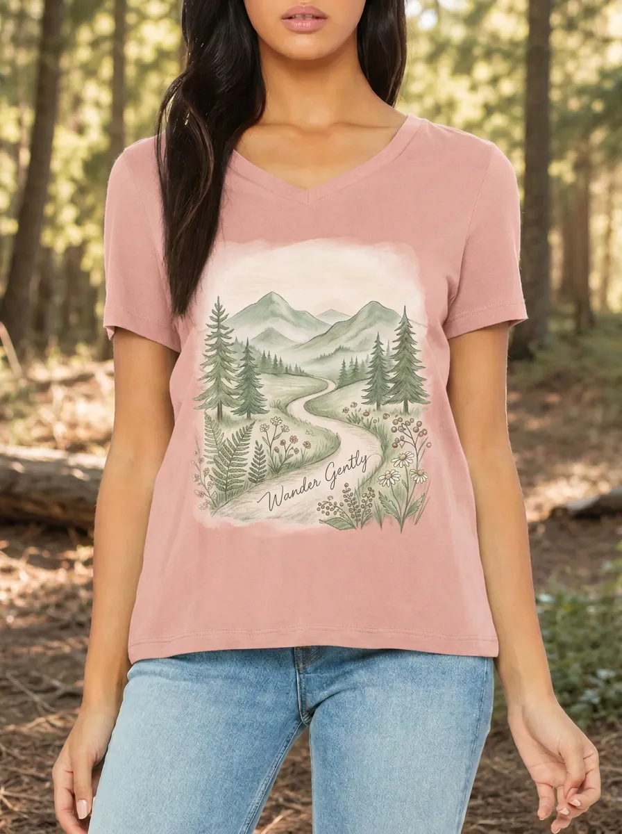 Women's Nature Lover Wander Gently Mountain Forest Printed V-neck T-shirt
