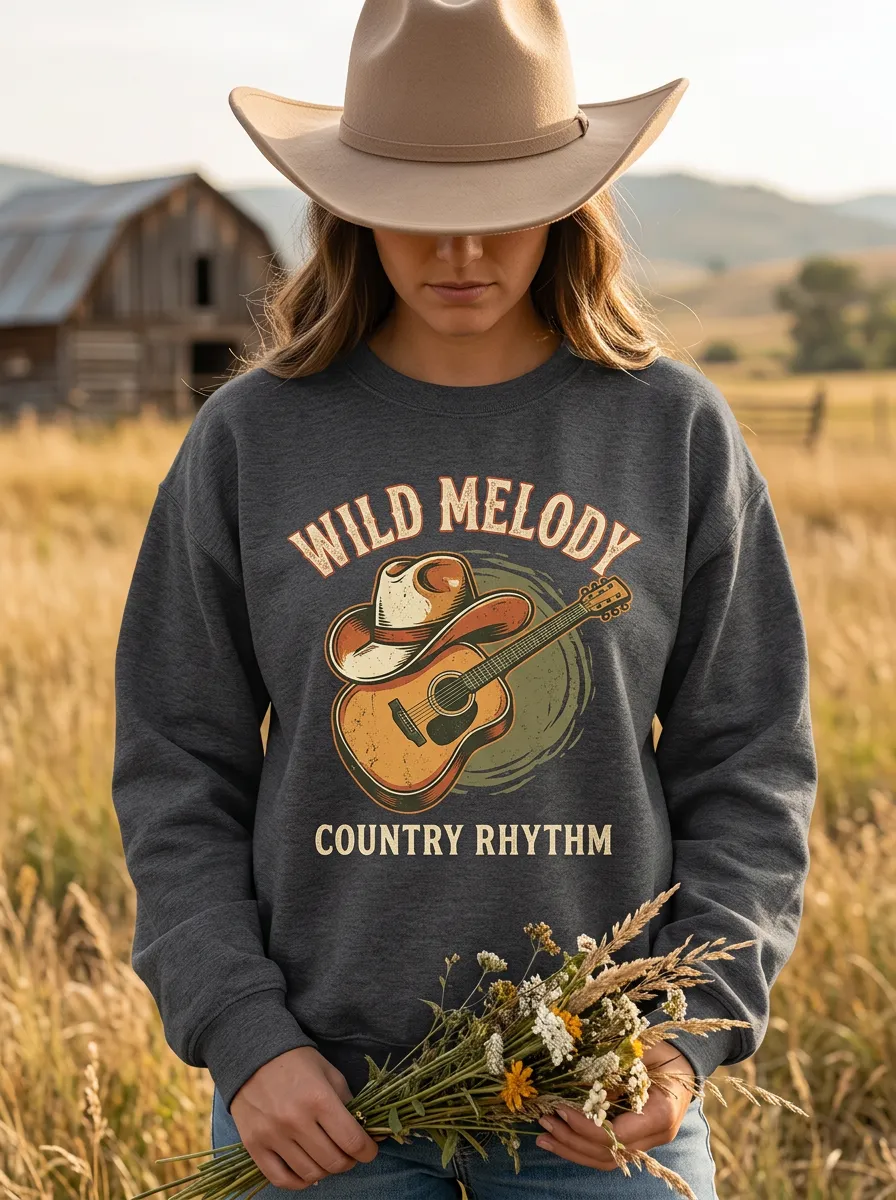 Country Music Cowboy Hat Guitar Crew Neck Sweatshirt