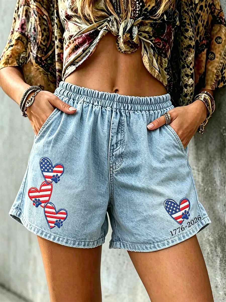 Women's American flag paw print shorts