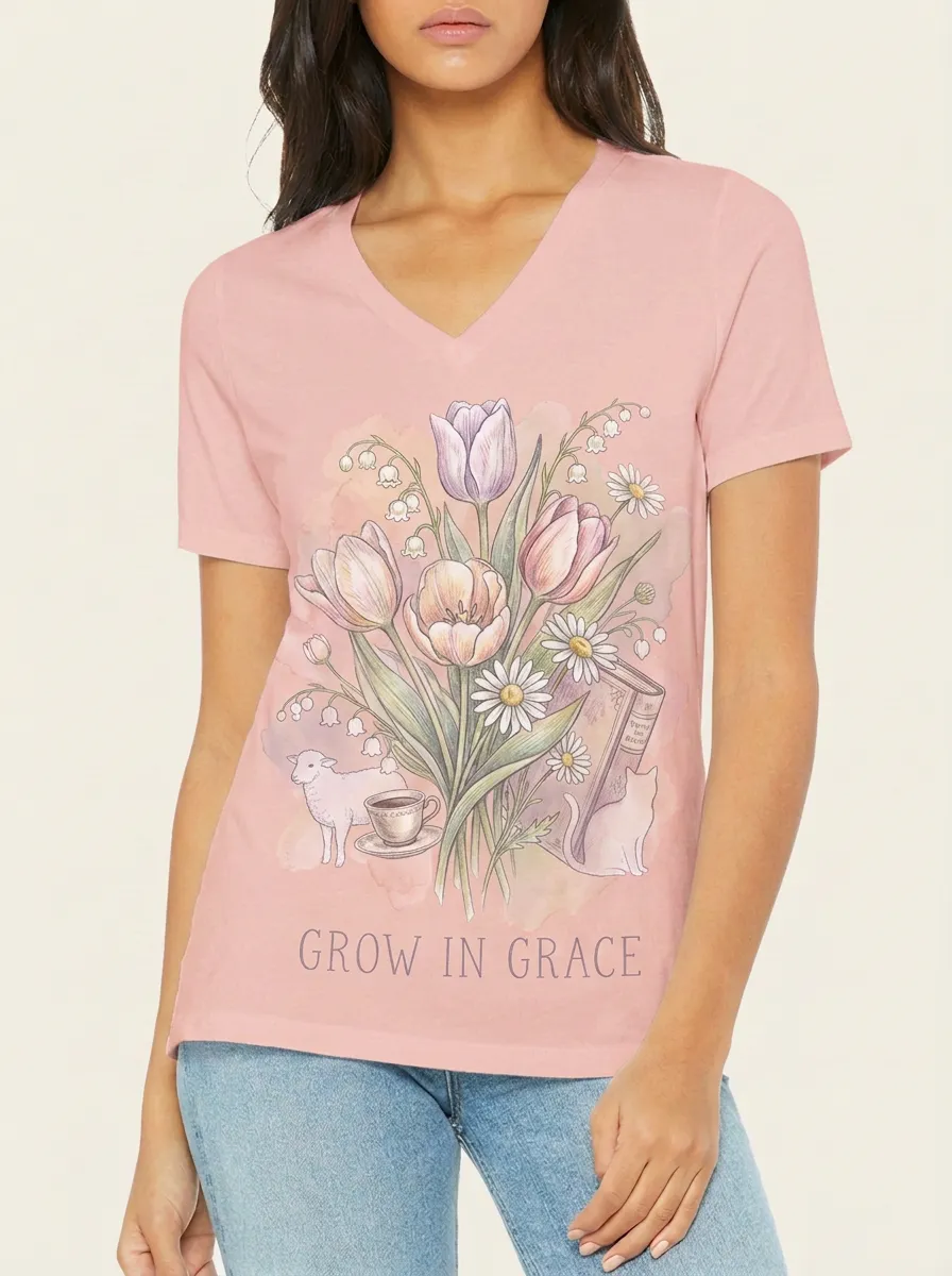 Women's Grow In Grace Tulip Flower Cat Lamb Printed V-neck T-shirt