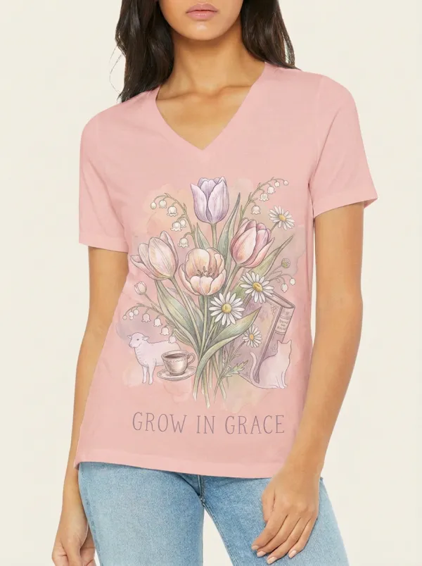 Women's Grow In Grace Tulip Flower Cat Lamb Printed V-neck T-shirt