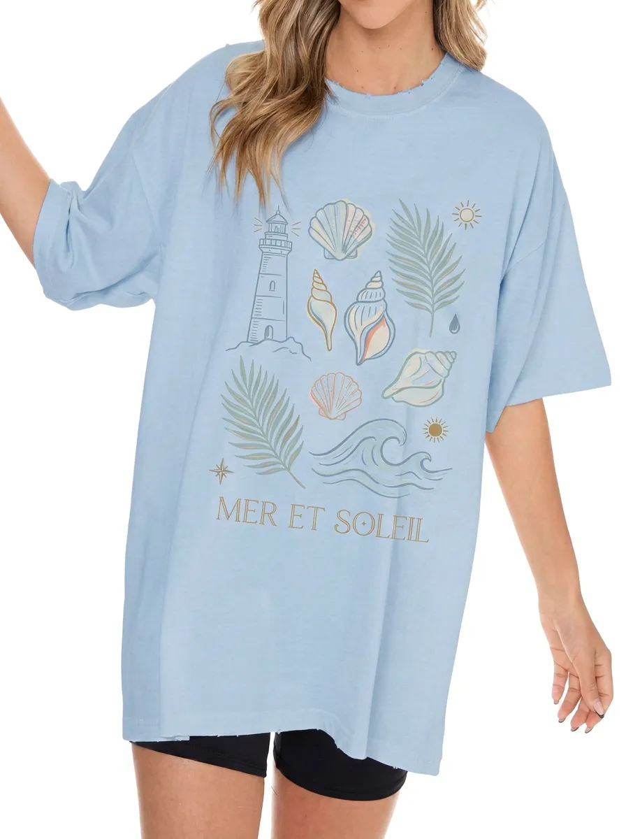 Women's Beach Lover Lighthouse Seashell Palm Printed T-shirt
