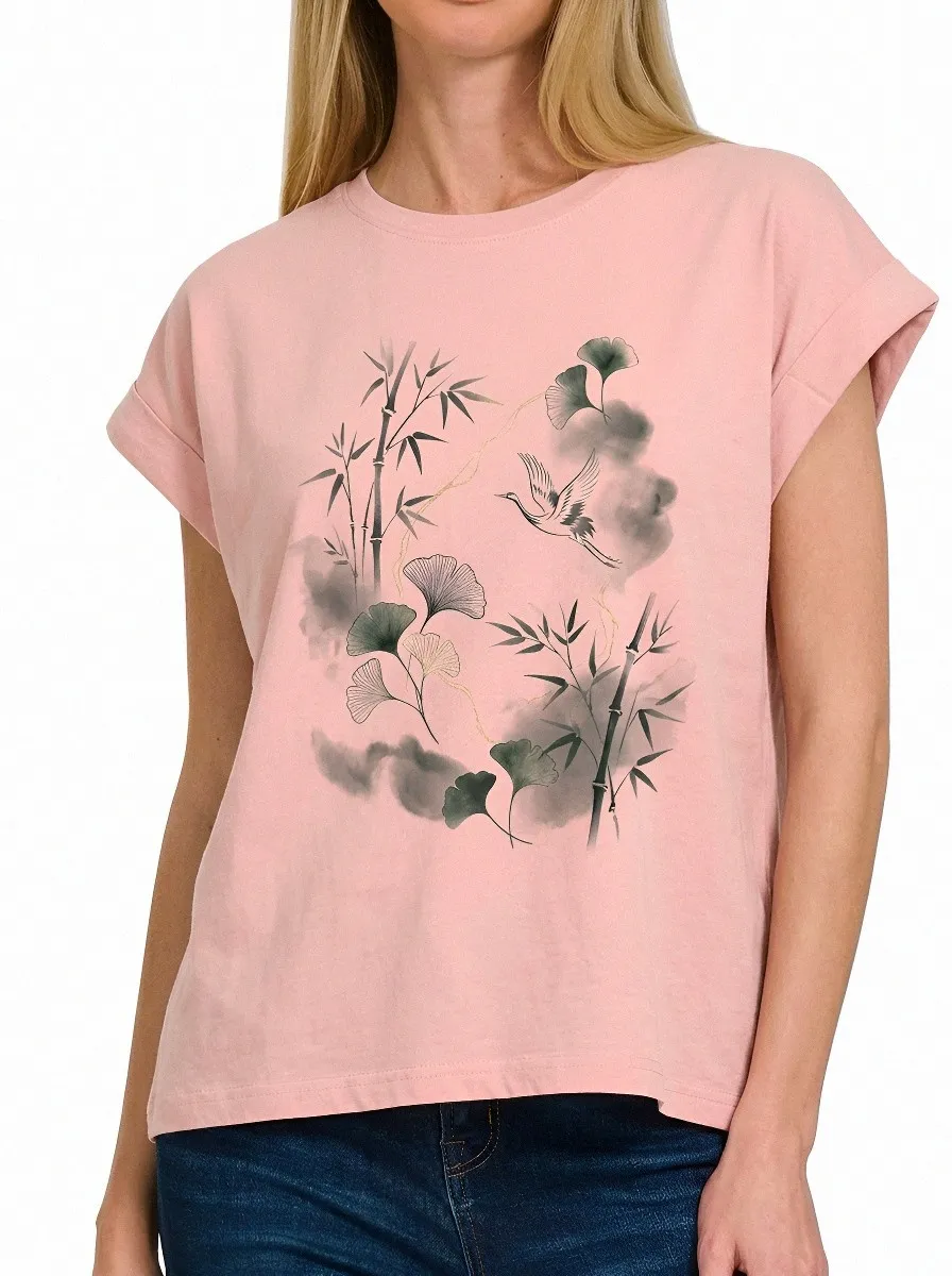 Women's Zen Nature Lover Bamboo Crane Ginkgo Printed T-shirt