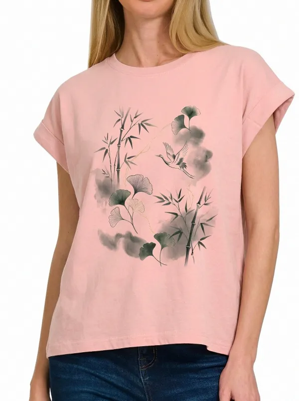 Women's Zen Nature Lover Bamboo Crane Ginkgo Printed T-shirt
