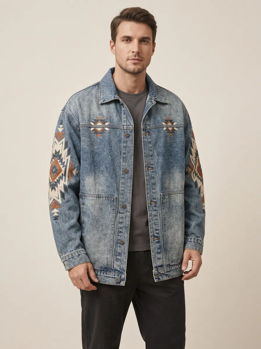 Men's Western Inspired Aztec Printed Denim Jacket