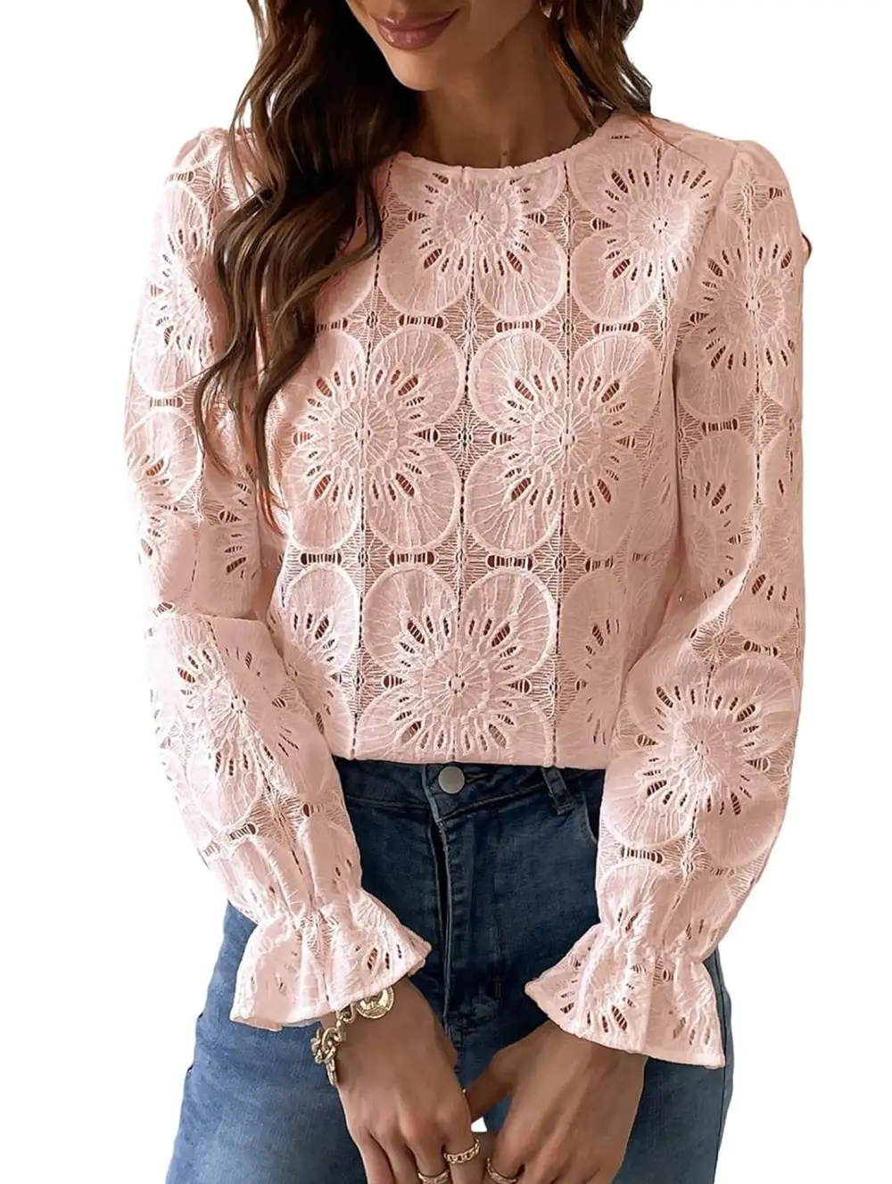 Openwork Lace Long Sleeve Blouse