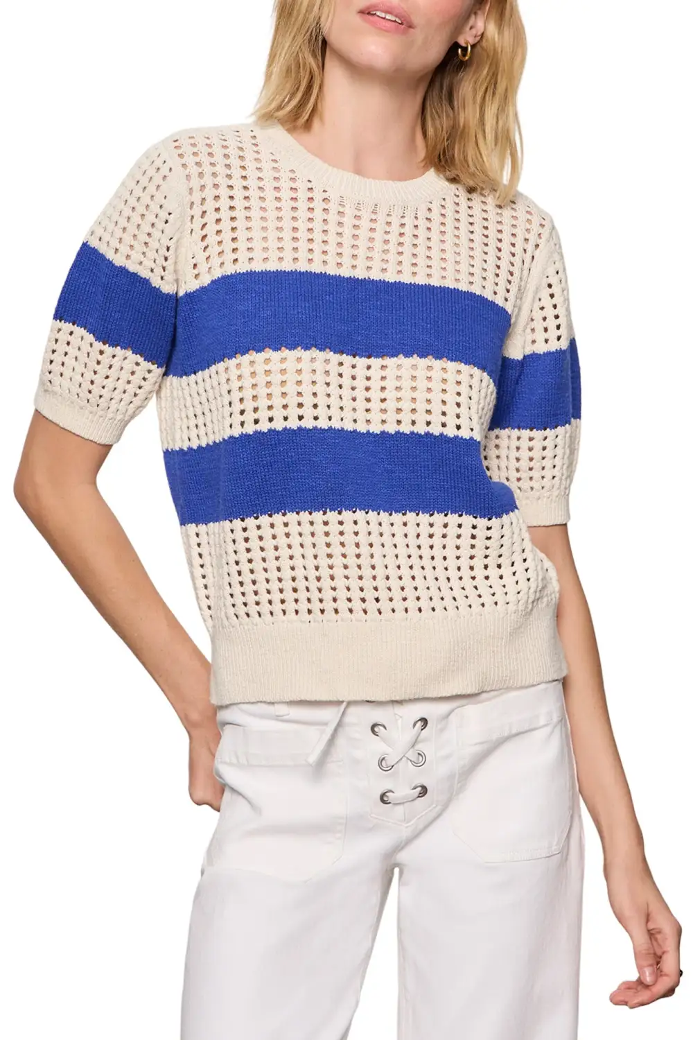 Striped Openwork Cropped Relaxed Tee