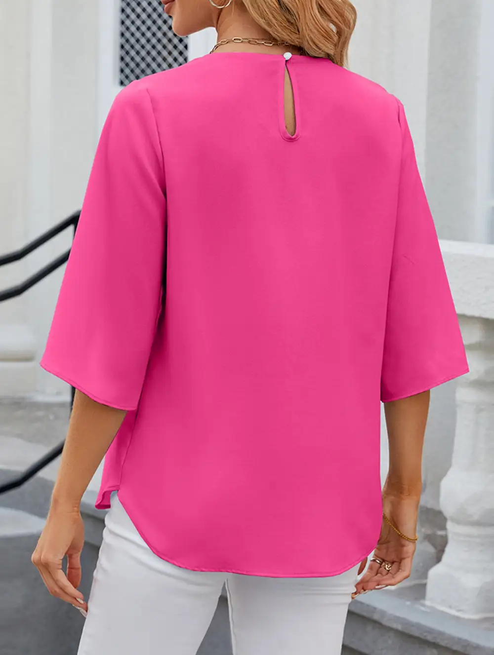 Chiffon Crew Neck Half Sleeve Blouse