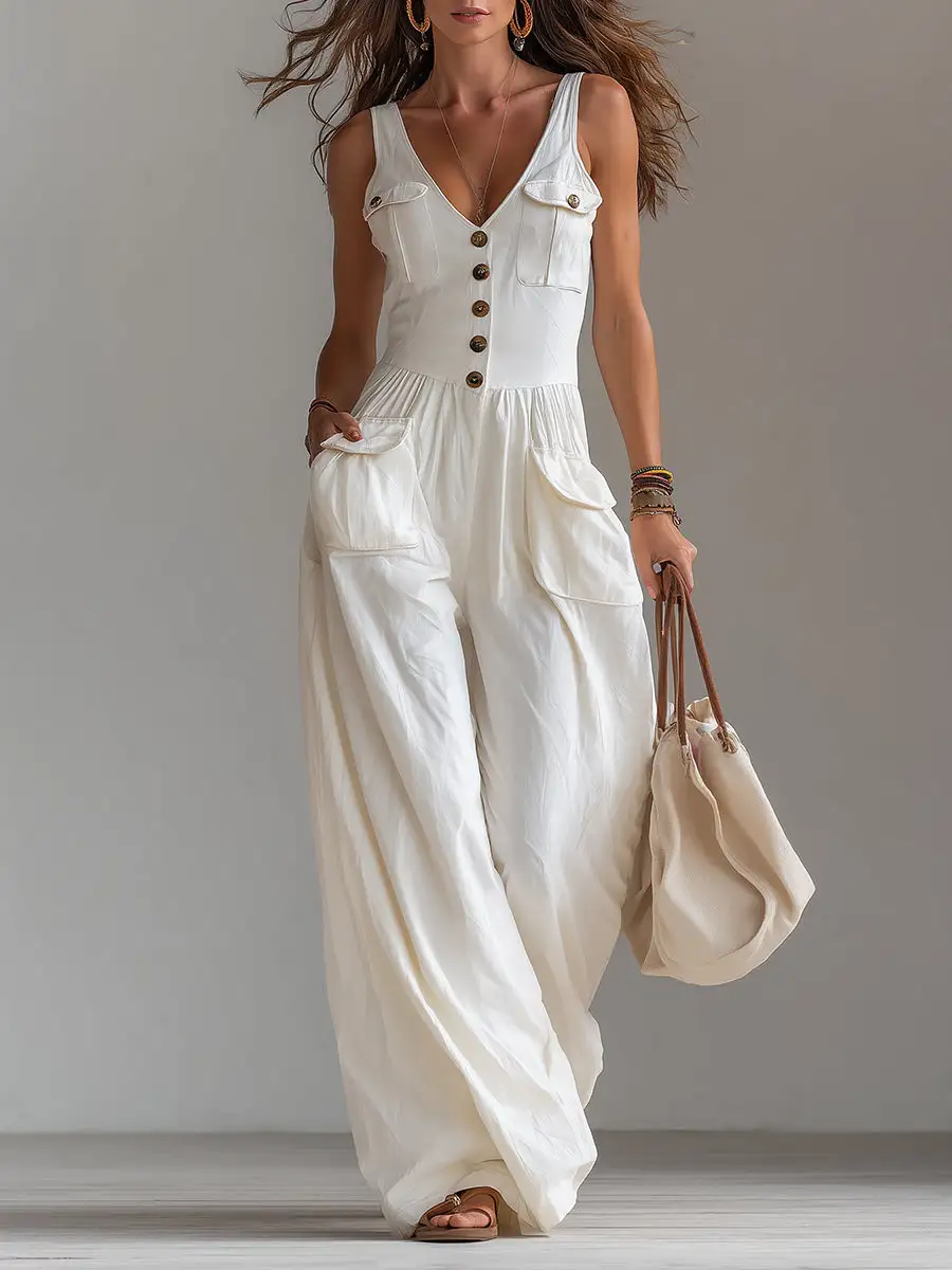 Casual Sleeveless Wide-leg Jumpsuit With Patch Pockets