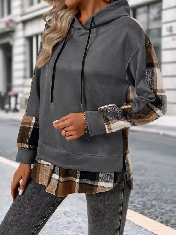 Relaxed Drawstring Long-Sleeve Plaid Hoodie