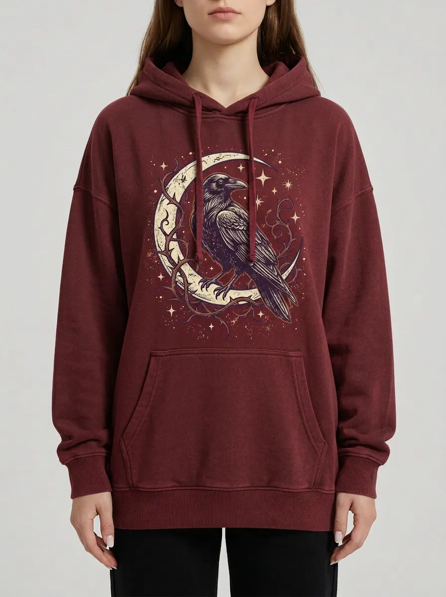 Women's Halloween Gothic Raven Moon Thorn Printed Hoodie