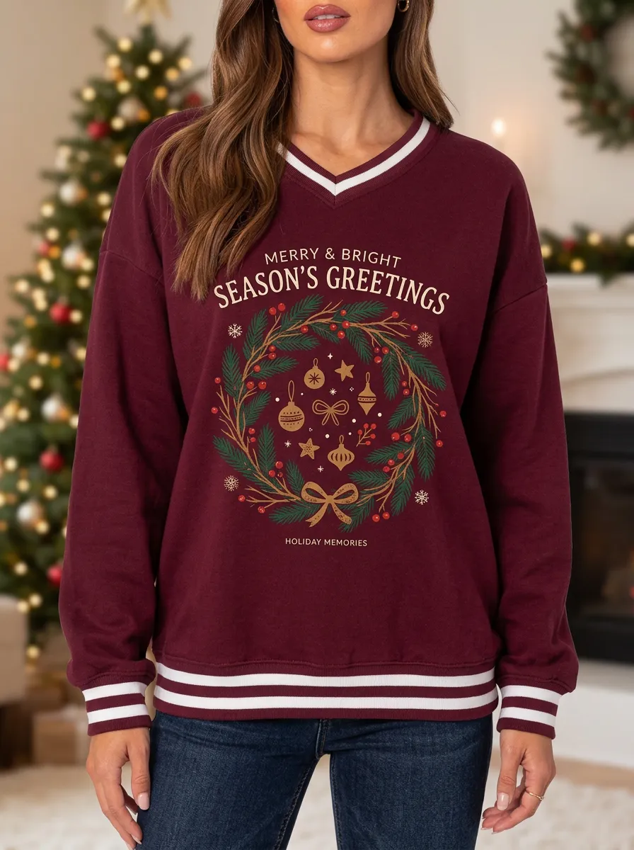 Christmas Season's Greetings Wreath Ornaments Print Sweatshirt