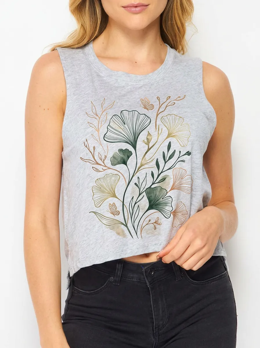 Women's Botanical Nature Lover Ginkgo Leaf Printed Muscle Tank Top