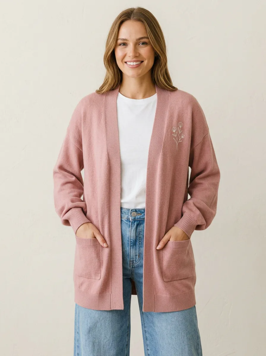 Pink Chic Floral Minimalist Embroidered Cardigan