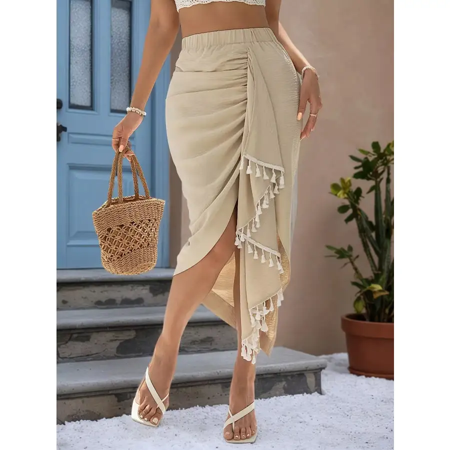 Asymmetric Tassel Wrap Skirt