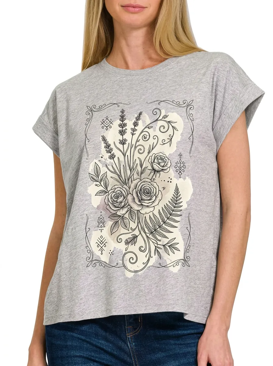 Women's Botanical Floral Rose Lavender Printed T-shirt