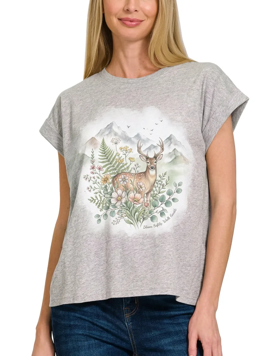 Women's Nature Lover Deer Floral Mountain Printed T-shirt