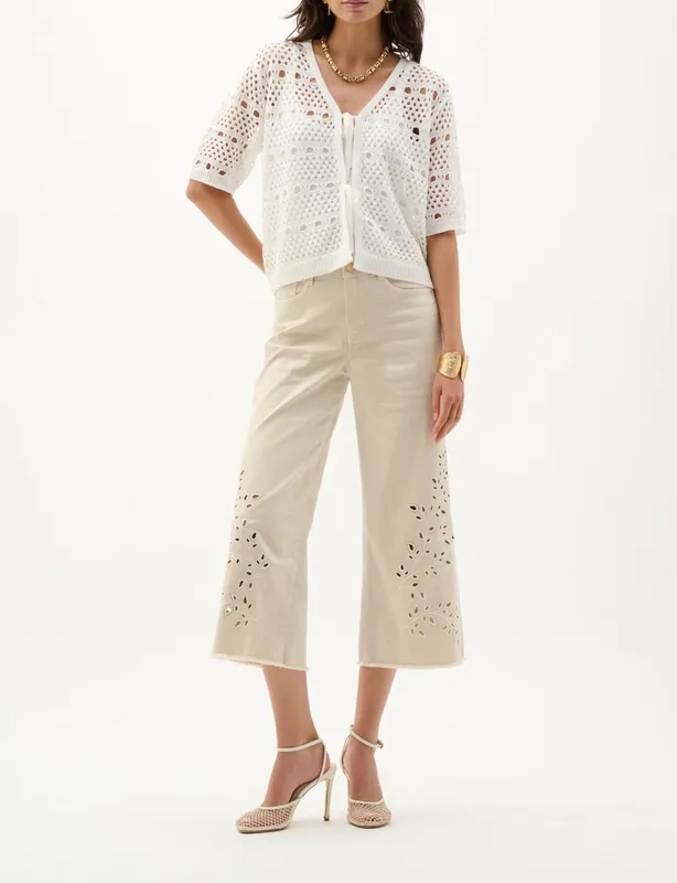 Cotton Embroidered Eyelet Wide Leg Jeans