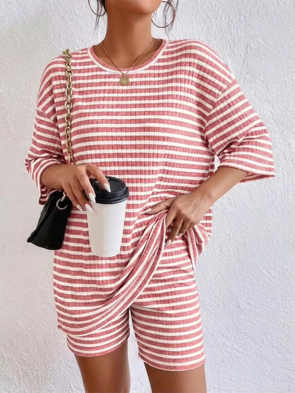 Striped Round Neck Top Shorts Set
