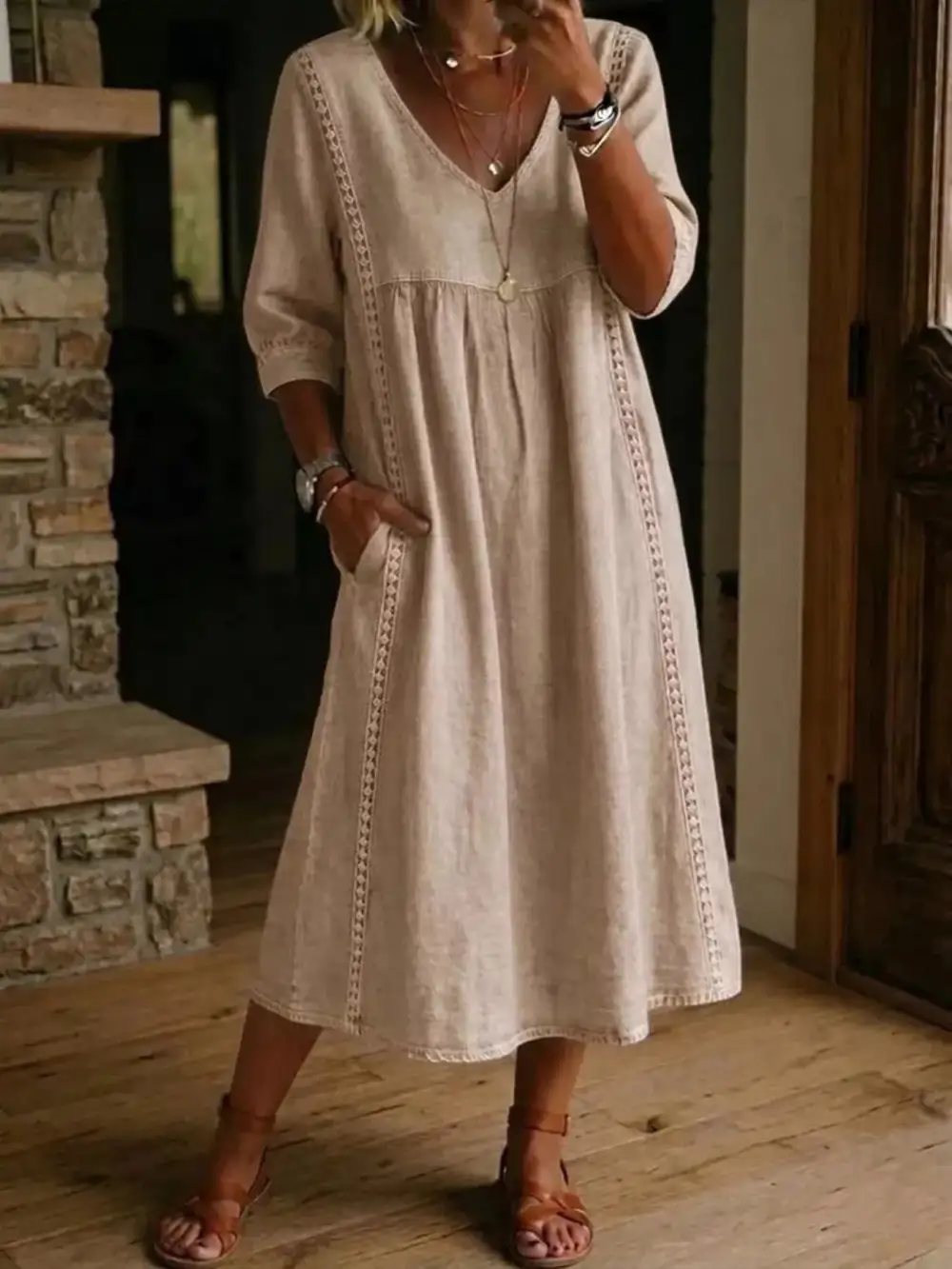 V-Neck Three-Quarter Sleeve Midi Dress