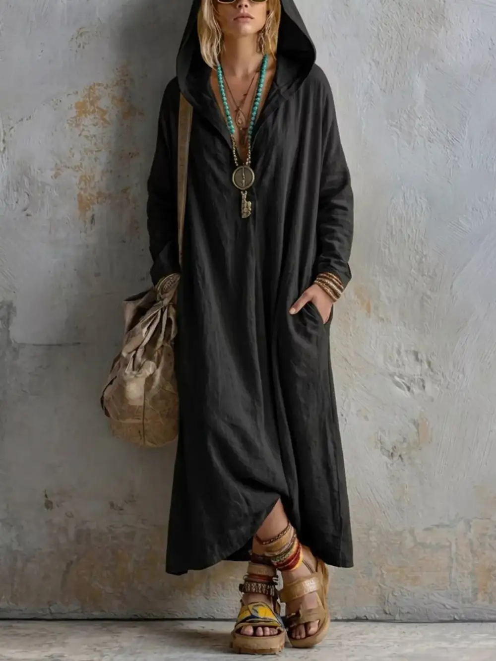 Long Sleeve Hooded Midi Dress With Pockets