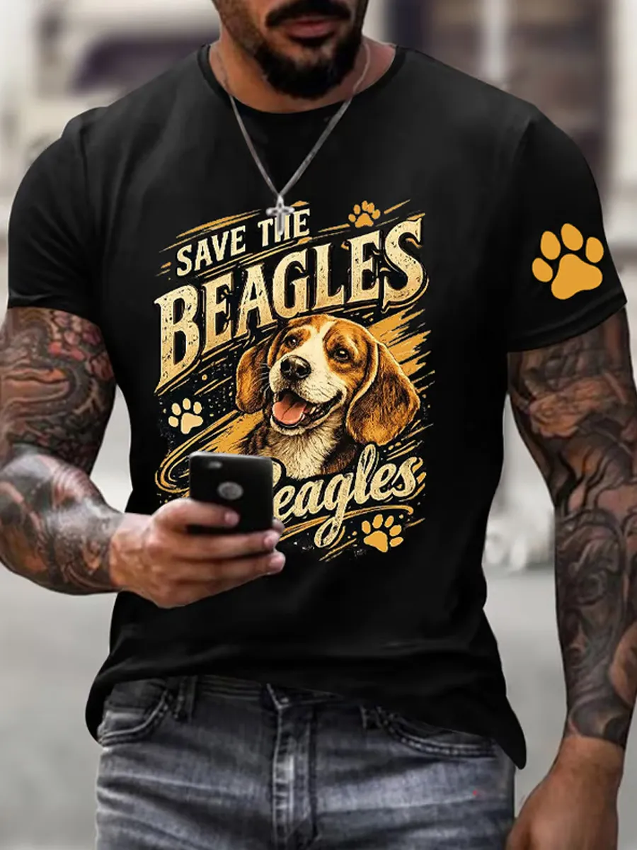 Men's Save The Beagles Print Round Neck T-shirt