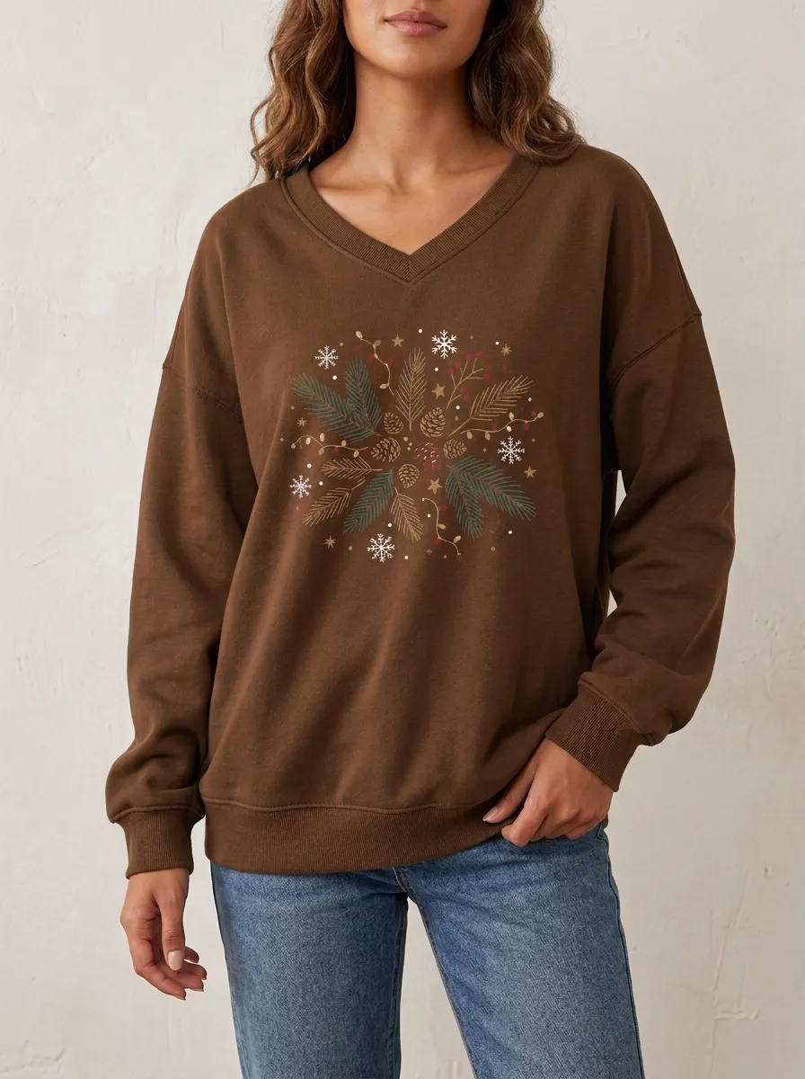 Christmas Pinecone Snowflake Print V-Neck Sweatshirt