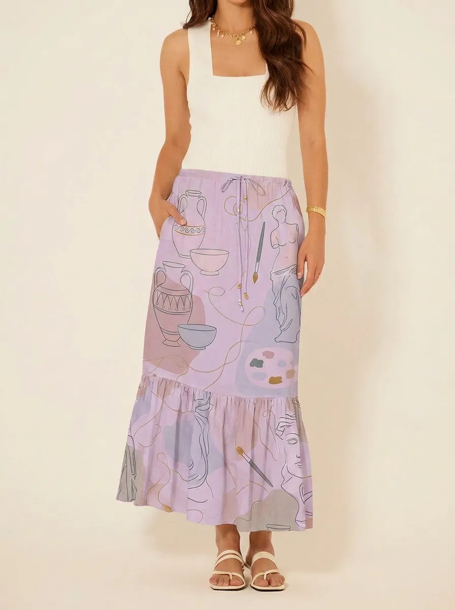 Women's Art Lover Greek Statue Pottery Printed Midi Skirt