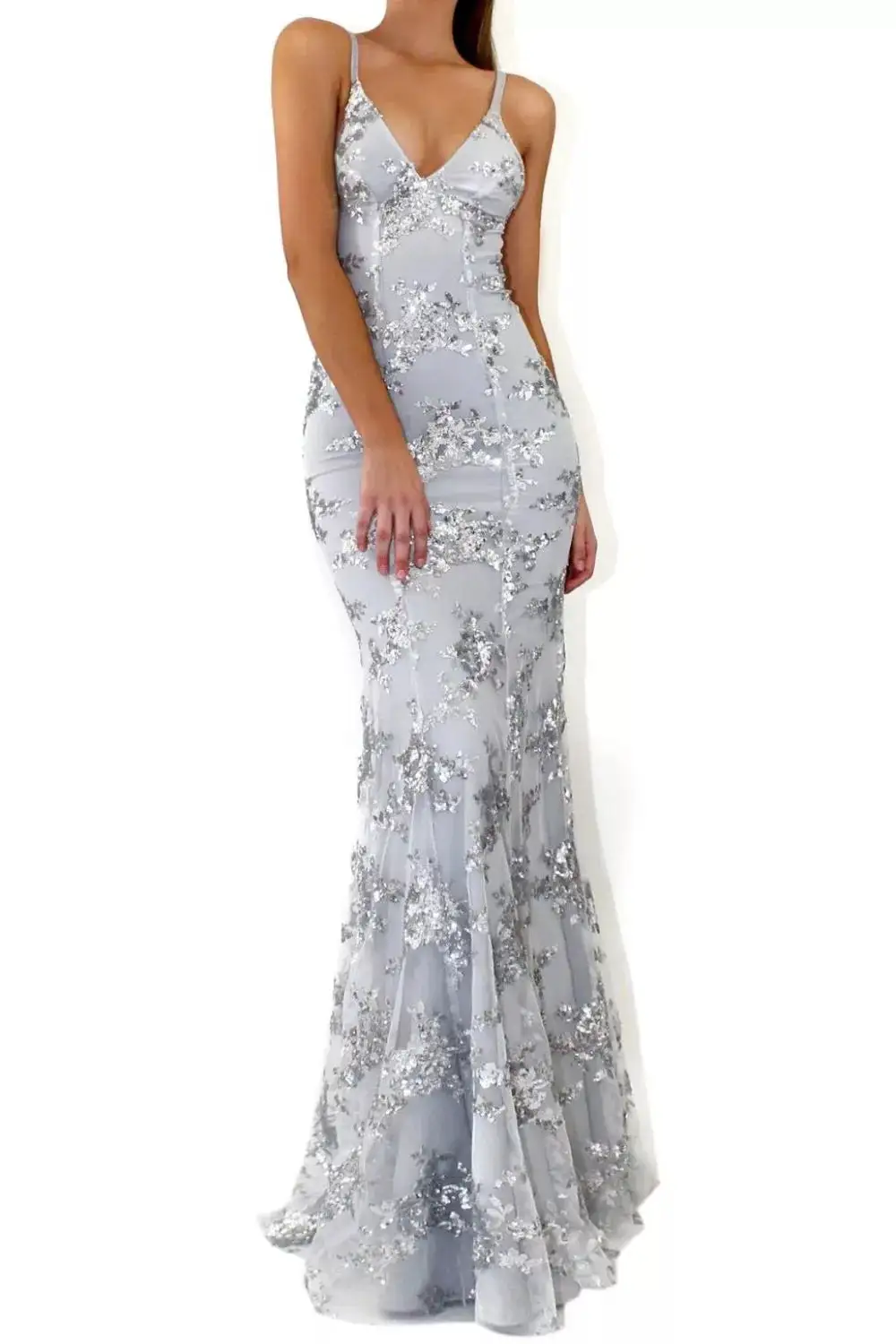 Full Size Sequin Tie Back V Neck Maxi Dress Plus Size