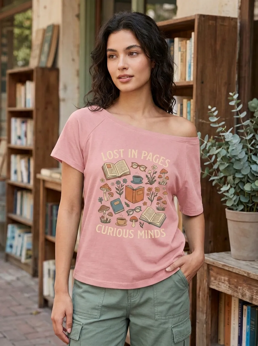 Women's Book Lover Mushroom Floral Printed Off-Shoulder T-shirt