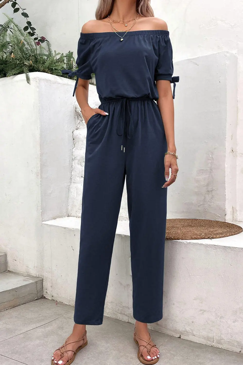 Shoulder Tie Cuff Pockets Jumpsuit