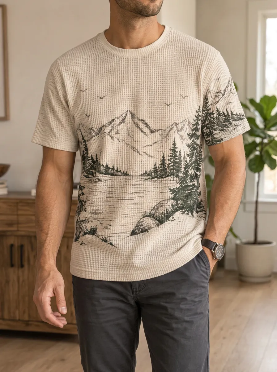 Men's Nature Lover Mountain Forest Landscape Waffle Signature Crew Neck T-Shirt