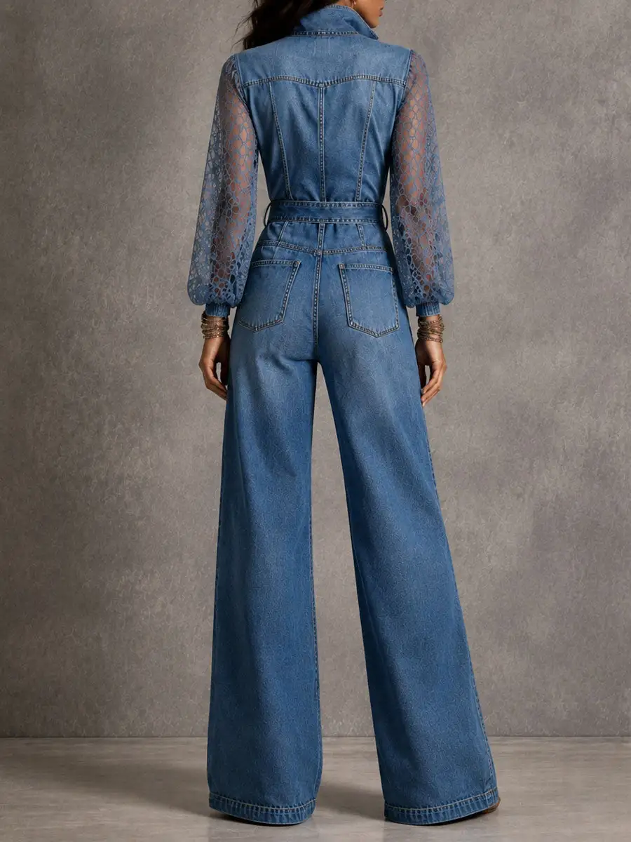 Boho Lace Puff Sleeve Collar Button Belted Wide Leg Denim Jumpsuit
