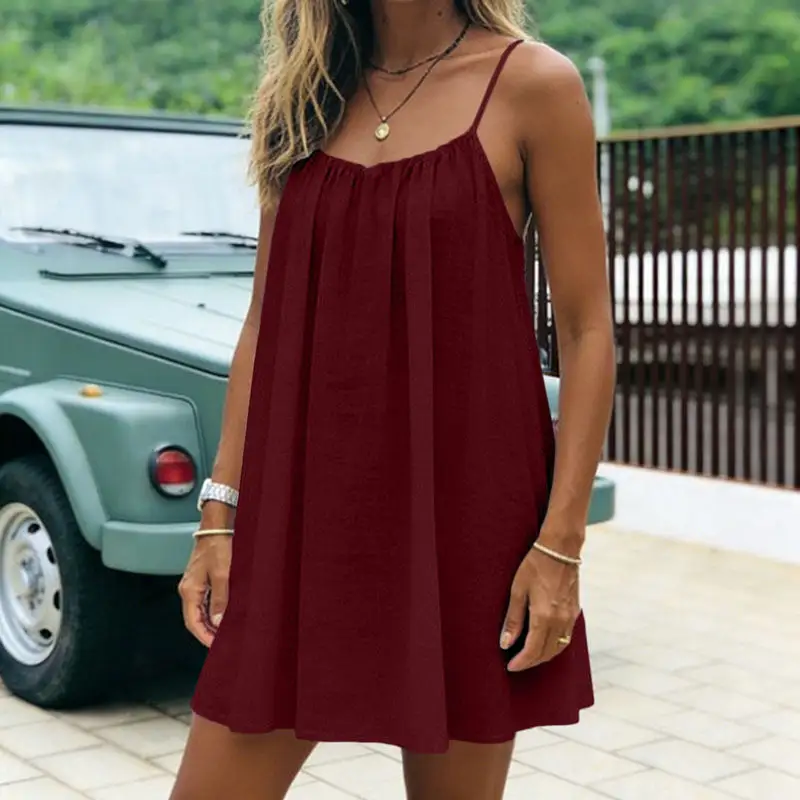 🌿Women's Summer Ruched Backless Cami Mini Dress, Spaghetti Strap A-Line Loose Fit Vacation Short Dress
