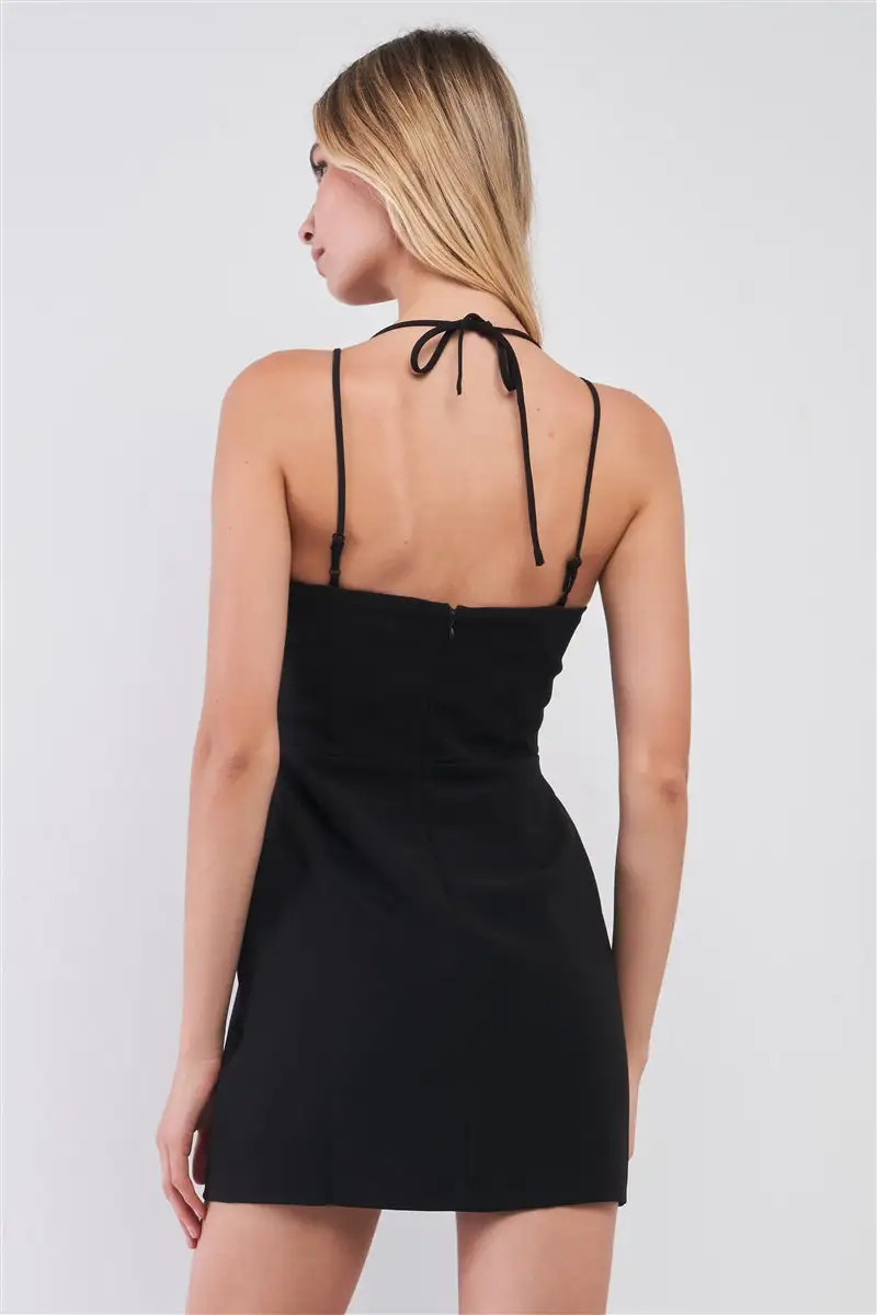 Slim Fit Sleeveless V-neck Front Corset Inspired Tie-up Detail Cocktail Mini Dress