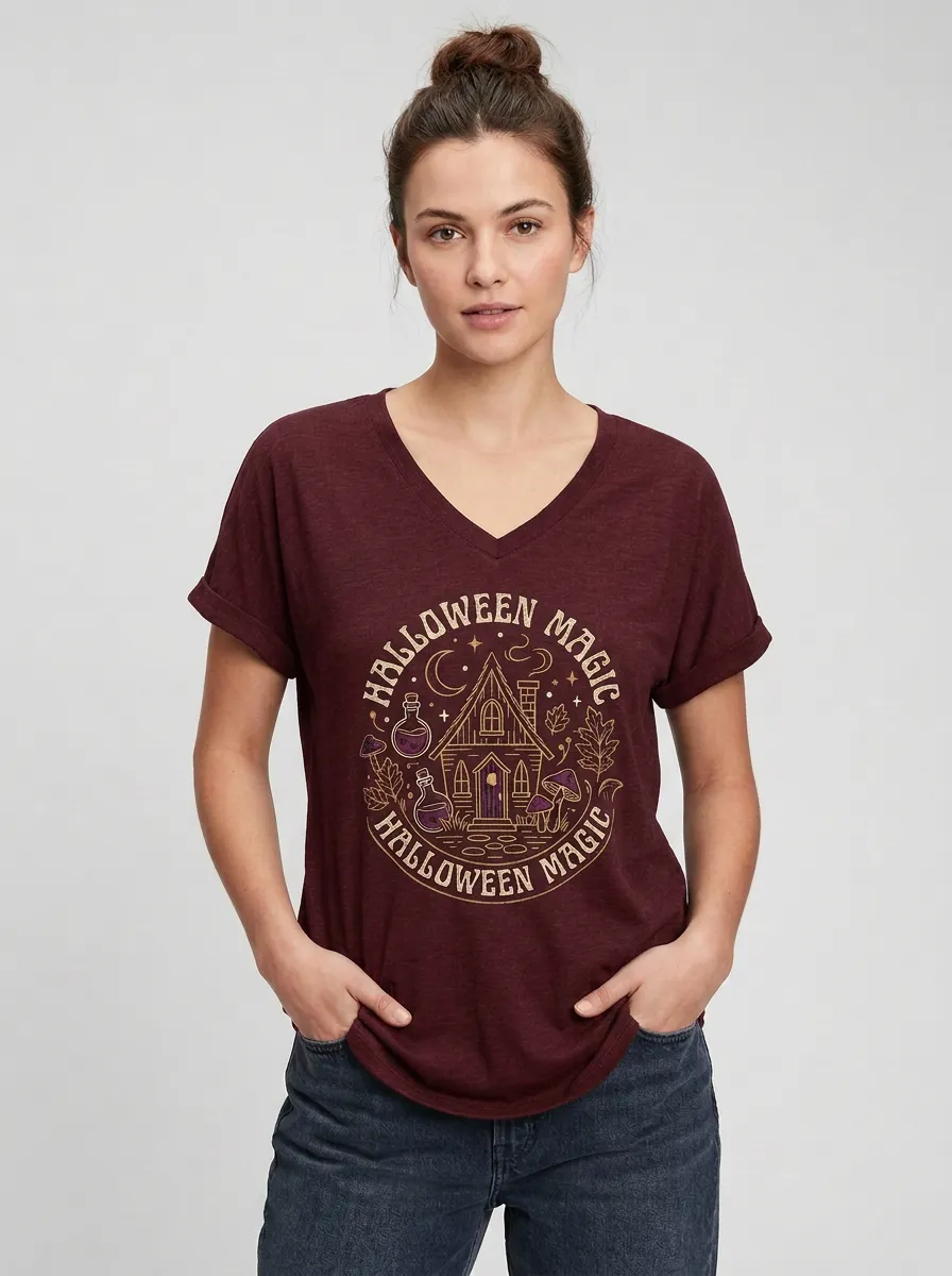Women's Halloween Magic Witch House Mushroom Printed V-neck T-shirt